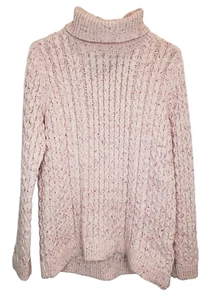 Lands End Damen kleiner pfirsichrosa Zopfmuster Fischer Rollkragen Strick Pullover - Bild 1 von 5