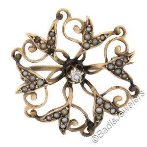 Antique Victorian 9k Rosy Gold 0.04ct Diamond & Seed Pearl Flower Pin Brooch - Picture 1 of 4