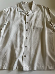 Tommy Bahama Med 100% Silk Hawaiian Shirt Light Beige Embroidered Palm Pineapple - Imagen 1 de 22