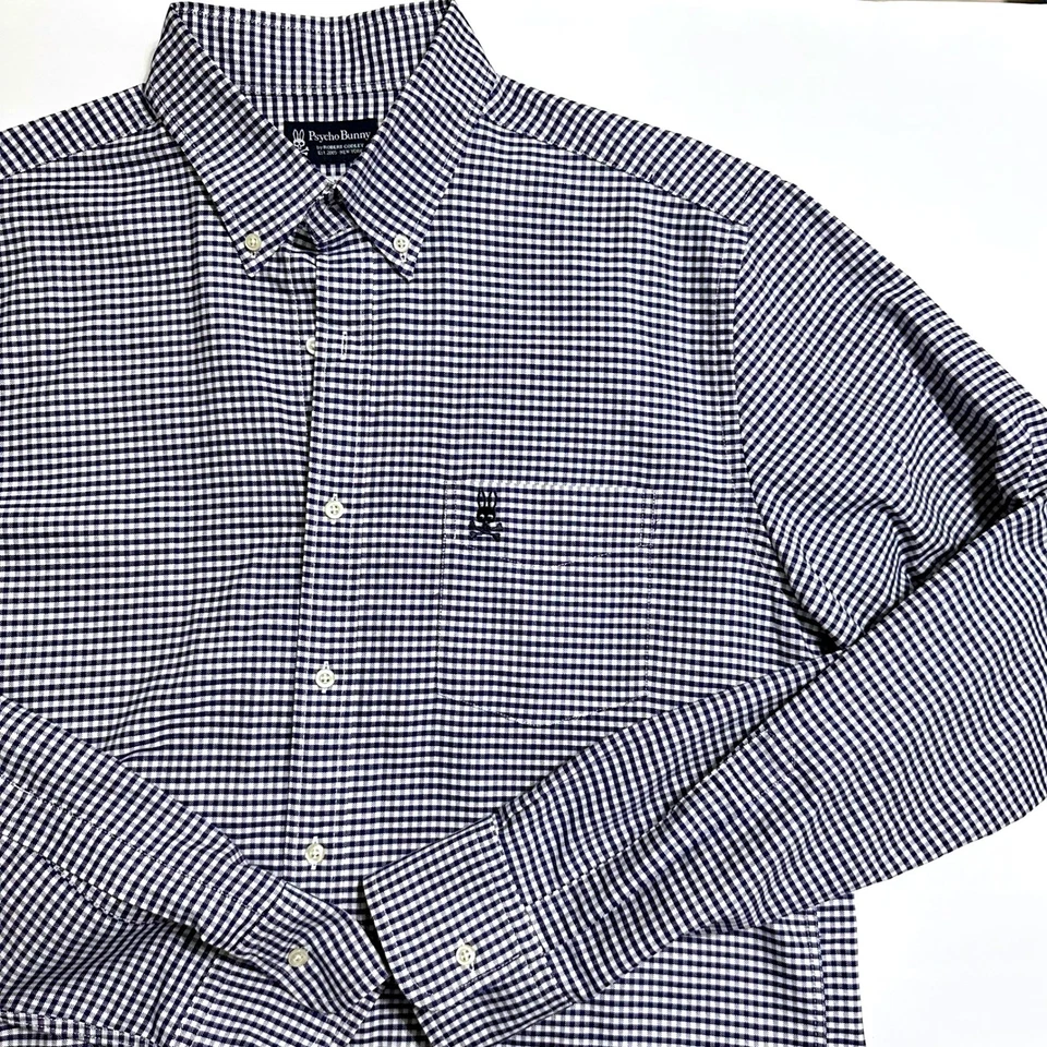 Camisa Psycho Bunny Para Hombres Guinga Abotonada Manga Larga Azul Blanco Talla Grande Foto 1 de 4