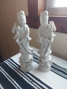 Ceramin Guanyin / Kwan-Yin Statue White Set Of 2 9" - Picture 1 of 7