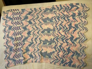 Vtg Hand Made Pink Blue White Crochet Knit Afghan Chevron Lap Blanket 20x45” - Picture 1 of 3