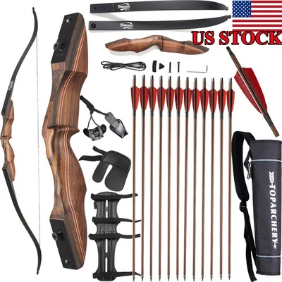 60"Archery Takedown Recurve Bow RH 25-60lb Wooden Riser for Hunting Shoot Target - Image 1 of 4