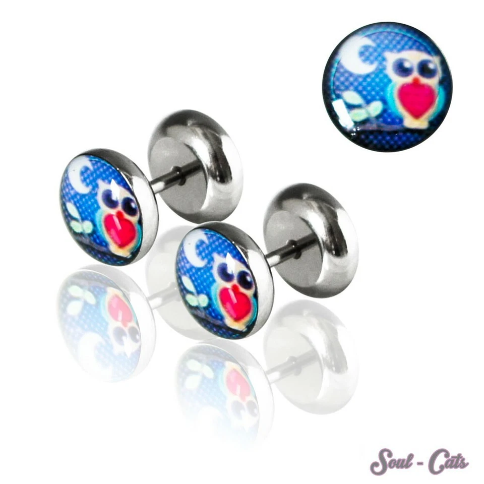 2 Fakeplugs 10mm Fake Plug Tunnel Ohrstecker Ohrringe Fakepiercing Eule - Bild 1 von 1