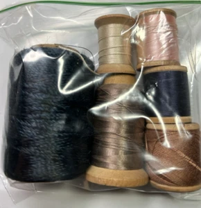 6 Wood spools silk thread partial large blue yarn & tan pink cocoa navy blue - Picture 1 of 8
