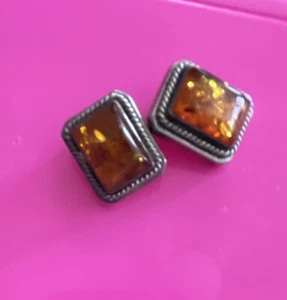 Vintage LB Lori Bonn Amber Earrings 925 sterling silver with inclusions 1 inch - Picture 1 of 13