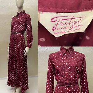 Vintage 1970s Ladies FRITZI of CALIFORNIA Burgundy Polka Dot Maxi Button Dress - Picture 1 of 2