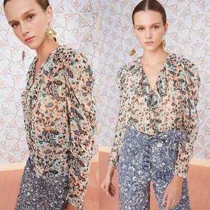 NUOVA camicetta multicolore Ulla Johnson Astrid floreale lurex collo a V - Foto 1 di 7