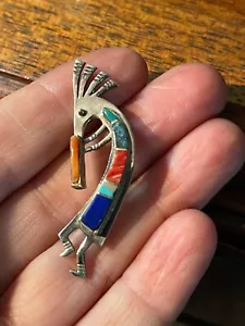 Native American Sterling Silver Navajo Stone Inlay Kokopelli Pendant Pin Signed - Picture 1 of 4