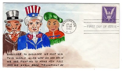 #905 Win the War 1942 WWII First Day Cover - Hand-painted Swartz - Image 1 of 2