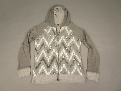 Vanity Sweatshirt Women Medium Gray Blend Sequin Sparkle Striped Hooded Full Zip - Image 1 of 4
