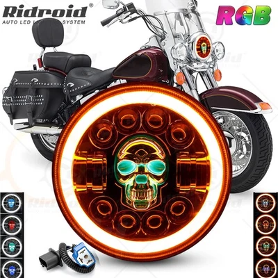 RGB Skull 7" inch LED Headlight DRL For Harley-Davidson Heritage Softail Classic - Image 1 of 4