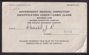 Matson Steamship Line Government Medical Inspection ID Check #390 1941 - Picture 1 of 1