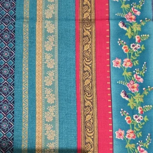 100% Cotton Fabric Quilting Cotton 42" x 72" Vintage Asian Teal Floral Stripe - Picture 1 of 5