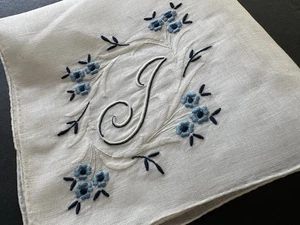 NOS Vintage Hankie Madeira Style Hand Embroidered Navy Blue Monogram J Wedding - Picture 1 of 6