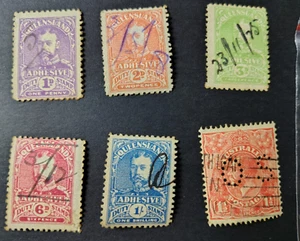 Old State Qld adhesive duty stamp 1d 2d 3d 6d 1/- & KGV 1½d red punctured "OS" - Picture 1 of 8