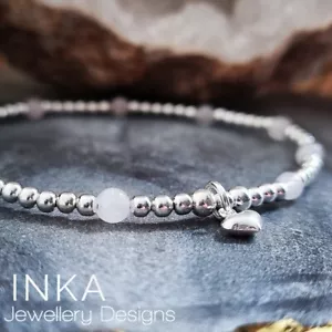 Inka 925 Sterling Silver handmade beaded Anklet with Rose Quartz and Heart charm - Picture 1 of 4