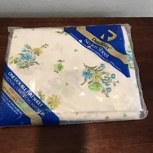 Vintage Double Flat Sheet Dan River Dantrel No Iron white blue Floral 54x75 - Picture 1 of 10