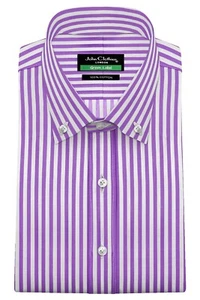 Klassisches Button Down Polokragen lila weiß Markise Streifen Herren Business Hemd - Bild 1 von 9