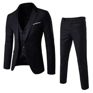 Mens 3-Piece Suit Blazer Slim Fit Tuxedo with One Button Jacket Vest Pants Set - Picture 1 of 50