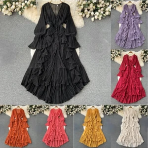 Damen Chiffon Plissee Kleid V-Ausschnitt Rüschen Langarm Strand Swing Fee Neu - Bild 1 von 19