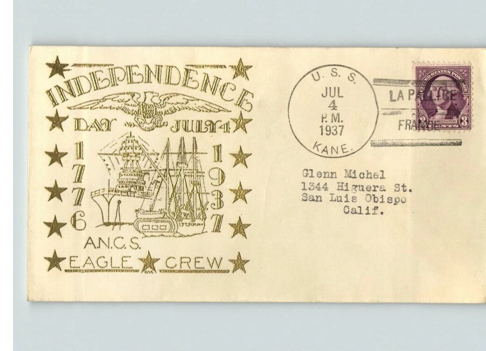 USS Kane Navy Ship, 1937 con tinta dorada en relieve, 4 de julio de 1937, Lapallice, Francia Foto 1 de 1