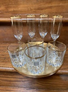 “Circle ware”  Rocks & Wine Glasses Set W/tray Beautiful Trimmed in gold - Picture 1 of 10