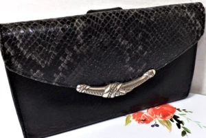BRIGHTON Trifold Checkbook WALLET Black Leather & SNAKE XL Silver Rope Hardware - Picture 1 of 13