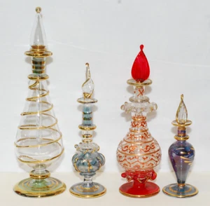 4 x Vintage Egyptian Glass Perfume Bottle Clear - Blue - Gilt Genie Bottle - Picture 1 of 9
