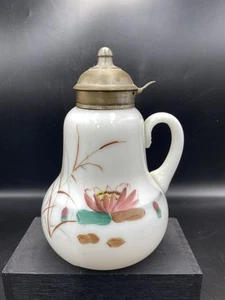 1800’s VICTORIAN MILK GLASS EAPG DECORATED SYRUP DISPENSER - Picture 1 of 8