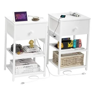 Nightstands Set of 2 with Charging Station, Bedside Tables with Fabric-Wood 2 - Picture 1 of 7