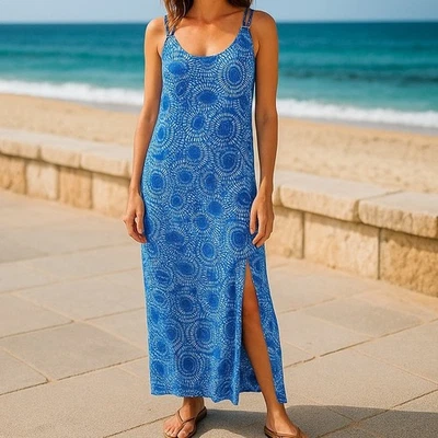 Nuevo con etiquetas Maxi Vestido Michael Kors Azul Sunburst Logo Correa Abertura Lateral Talla XL Foto 1 de 4