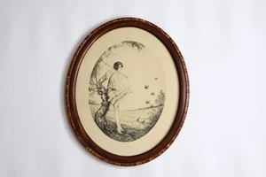 "Marco de madera ovalado Dorval estampado Art Deco francés vintage enmarcado 22"" X 18"" (b)" - Imagen 1 de 11