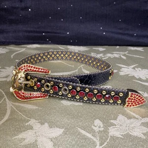 ELITE PREMIUM DESIGNER BEAR BUCKLE BLACK $ RHINESTONE LEATHER KIDS BELT M 28” - Picture 1 of 14