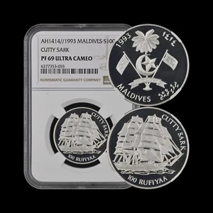 MALDIVES. 1993, 100 Rufiyaa, Silver - NGC PF69 - Cutty Sark, Clipper Ship - Picture 1 of 5