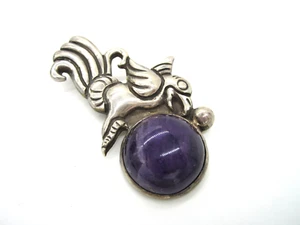 Estate Vintage Large  Mexico Sterling Silver Cabochon Amethyst Bird Brooch - Picture 1 of 4