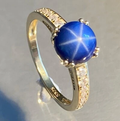 Blue Star Sapphire Ring 8mm Stone 14k Gold or Rhodium Finish Sizes 6-10US Foto 1 de 4
