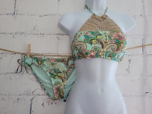 Hobie Swimsuit 2-pc String Bikini Size 14 Multicolor Paisley Crochet High Neck - Picture 1 of 12
