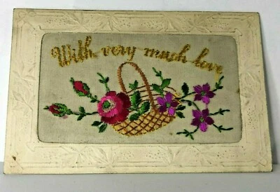 WW1 Silk postcard basket of Flowers Christmas Message to Brother  - Image 1 of 3