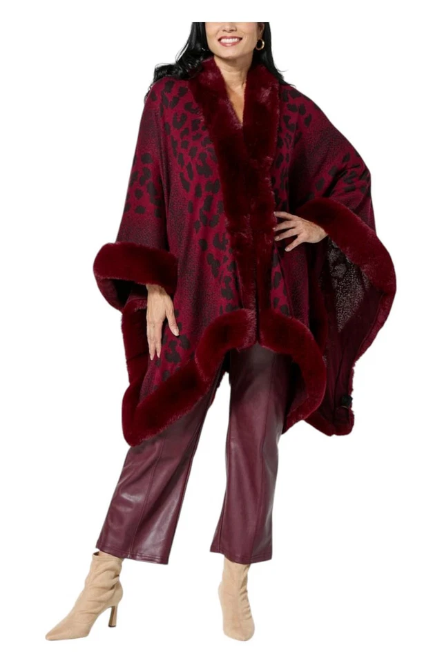 kathy ireland Women's Fashion360 Skies FauxFur Trim Cape Merlot Combo - Image 1 of 1