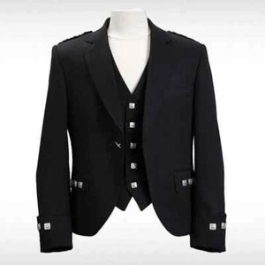 New Black Argyle Kilt Jacket With Vest Scottish Argyll 100% Wool Jacket For Men - Picture 1 of 4