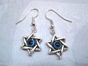 GOOD LUCK EVIL EYE STAR of David Protection SP Drop Earrings Kabbalah Wicca Blue - Picture 1 of 1
