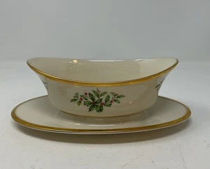 Lenox China Holiday Dimension Gravy Boat Attached Underplate Christmas Holly - Picture 1 of 10