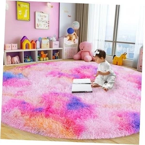 Fluffy Round Rug 7Ft, Dark Rainbow Rugs for Bedroom, Large Shag Round Area Rug - Picture 1 of 7