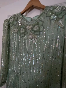 VTG 1980s JACQUELINE  SILK BEADED SEQUIN DRESS SIZE 16 GREEN - Picture 1 of 8