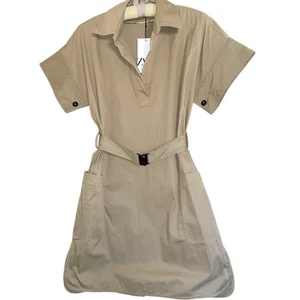 Zara Khaki Safari Belted Short ShirtDress size Medium - Picture 1 of 15