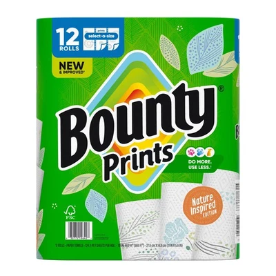 Toallas de papel Bounty Prints, 2 capas, 12 rollos, 124 hojas cada uno, 669 pies cuadrados Foto 1 de 3