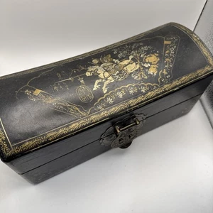 Antike japanische Leder bezogene Holz Reise Kissen Box Samurai 1900er selten - Bild 1 von 15