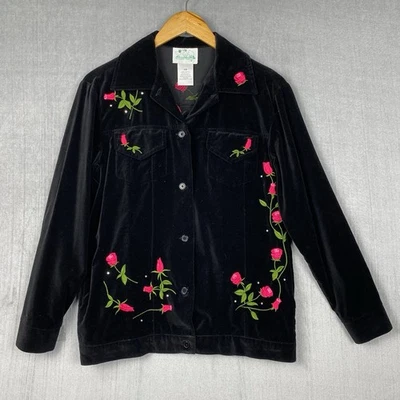 Vtg Quacker Factory Shacked Womens XS Velvet Embroidered Roses Whimsigoth Granny - Image 1 of 4