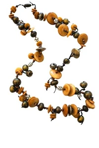 Vintage Ethno Tribal Grob Holz Messing Strass Perlen Hänger Halskette 46 Zoll - Bild 1 von 4